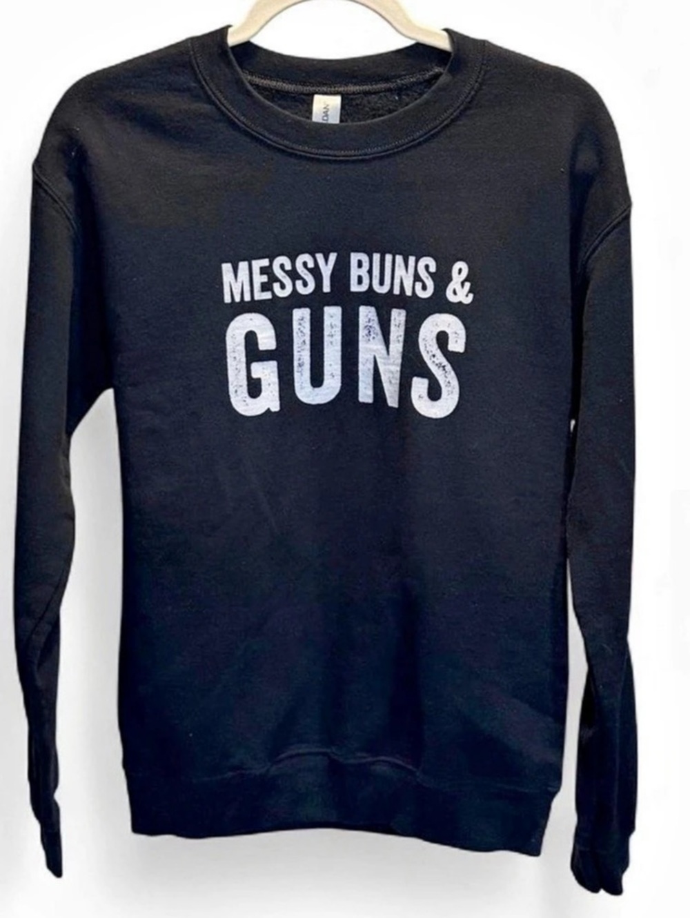 Gildan Heavy Blend Crewneck Sweatshirt Messy Buns & Guns Graphic Sweatshirt smal